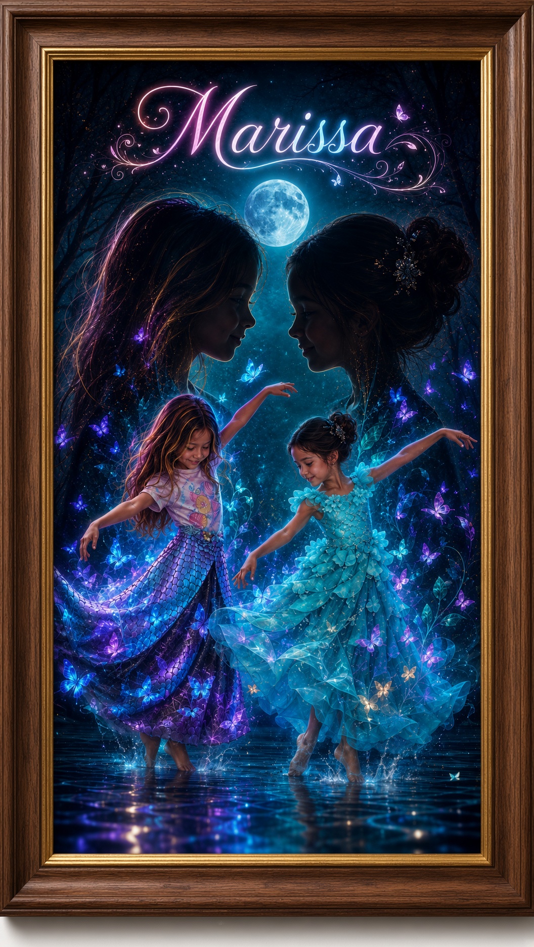 Personalized Marissa fantasy artwork with two dancing girls, moonlight and luminous butterflies in a wood frame