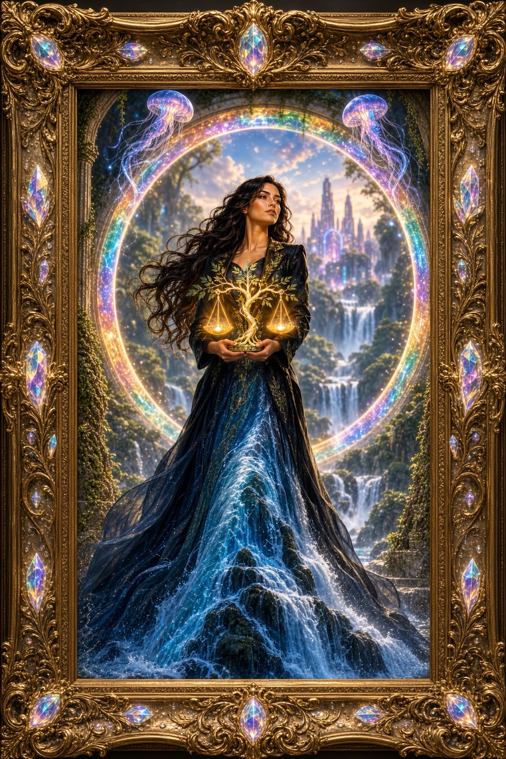 Blue-gowned fantasy woman with a luminous circle in an ornate jeweled frame