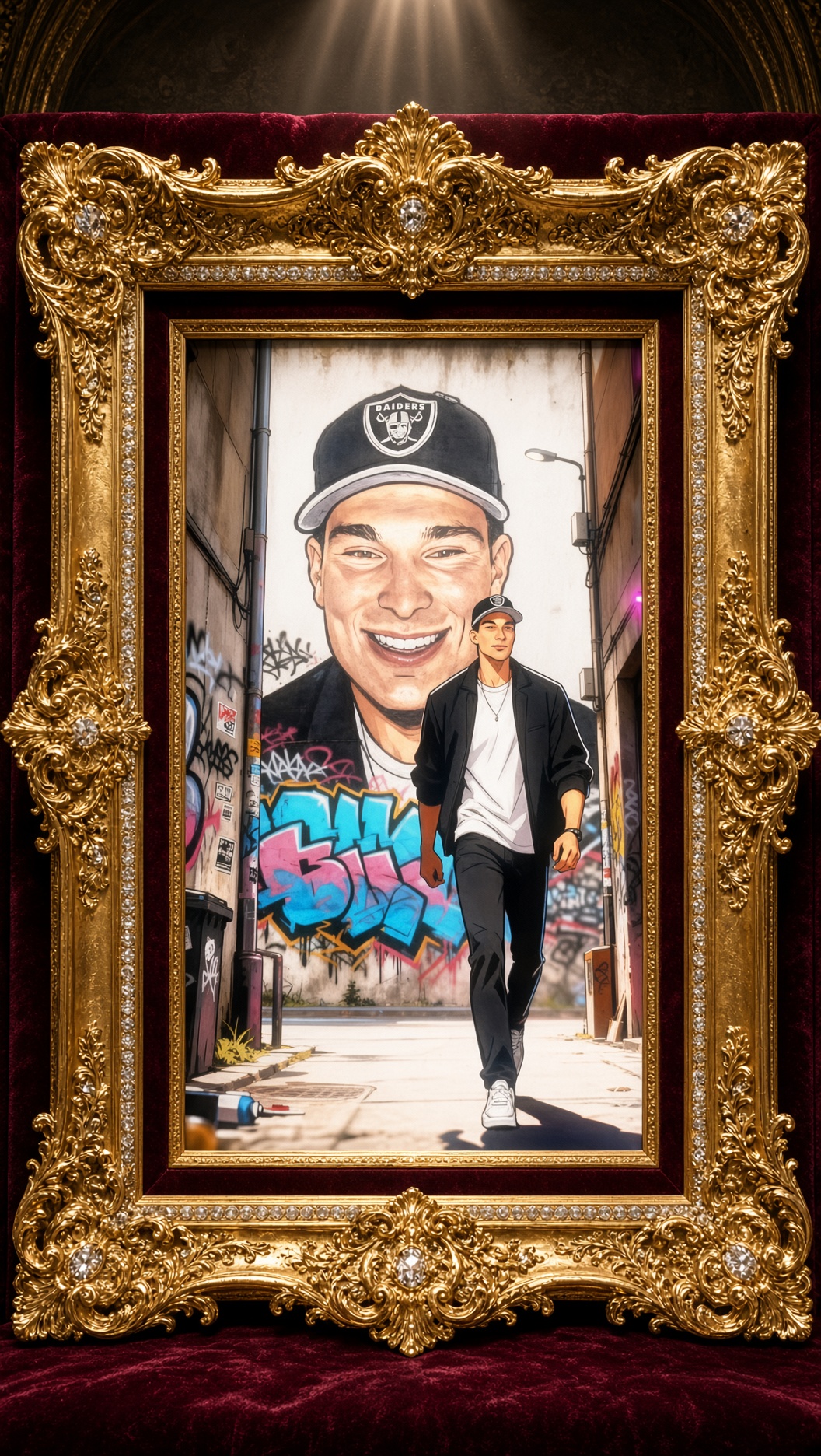 Caricature portrait of a smiling man in a Raiders cap in an ornate gold frame