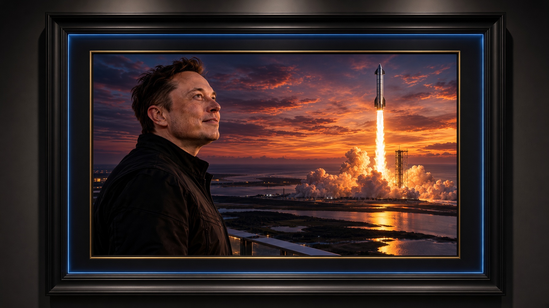 Cinematic sunset rocket launch portrait in a black frame