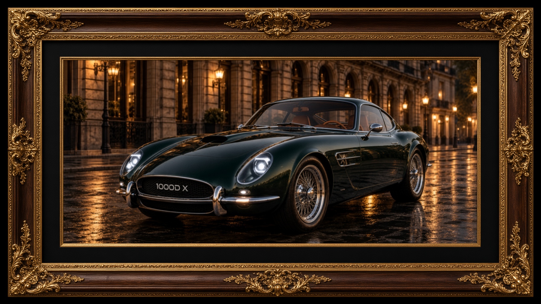 Dark green luxury sports car on a rain-lit city street in an ornate wood and gold frame