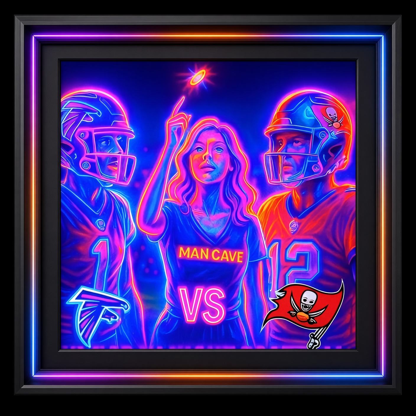 Neon-style football rivalry artwork with two players and a central figure in a black illuminated frame