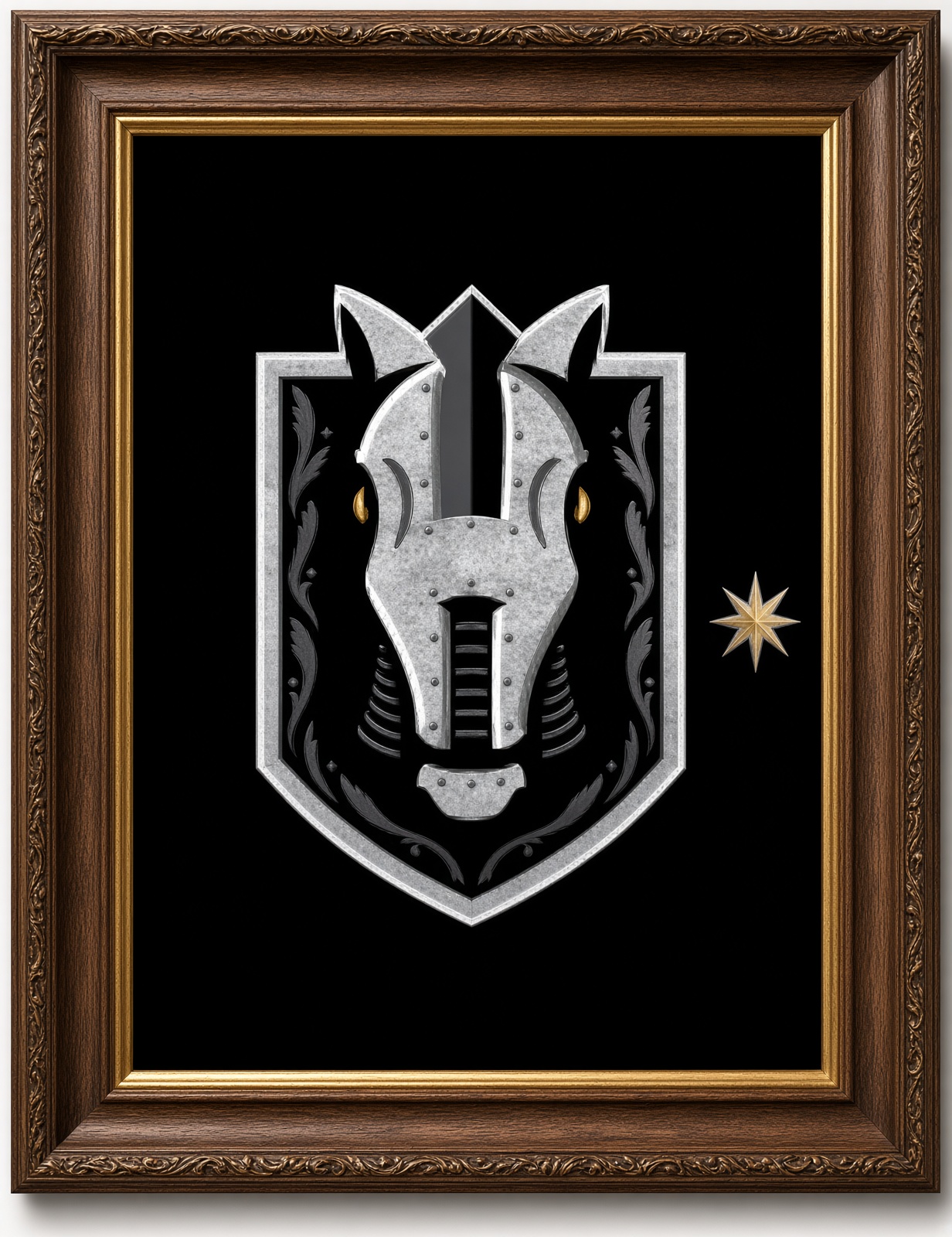 Silver horse-head shield emblem on a black field in an ornate wood and gold frame