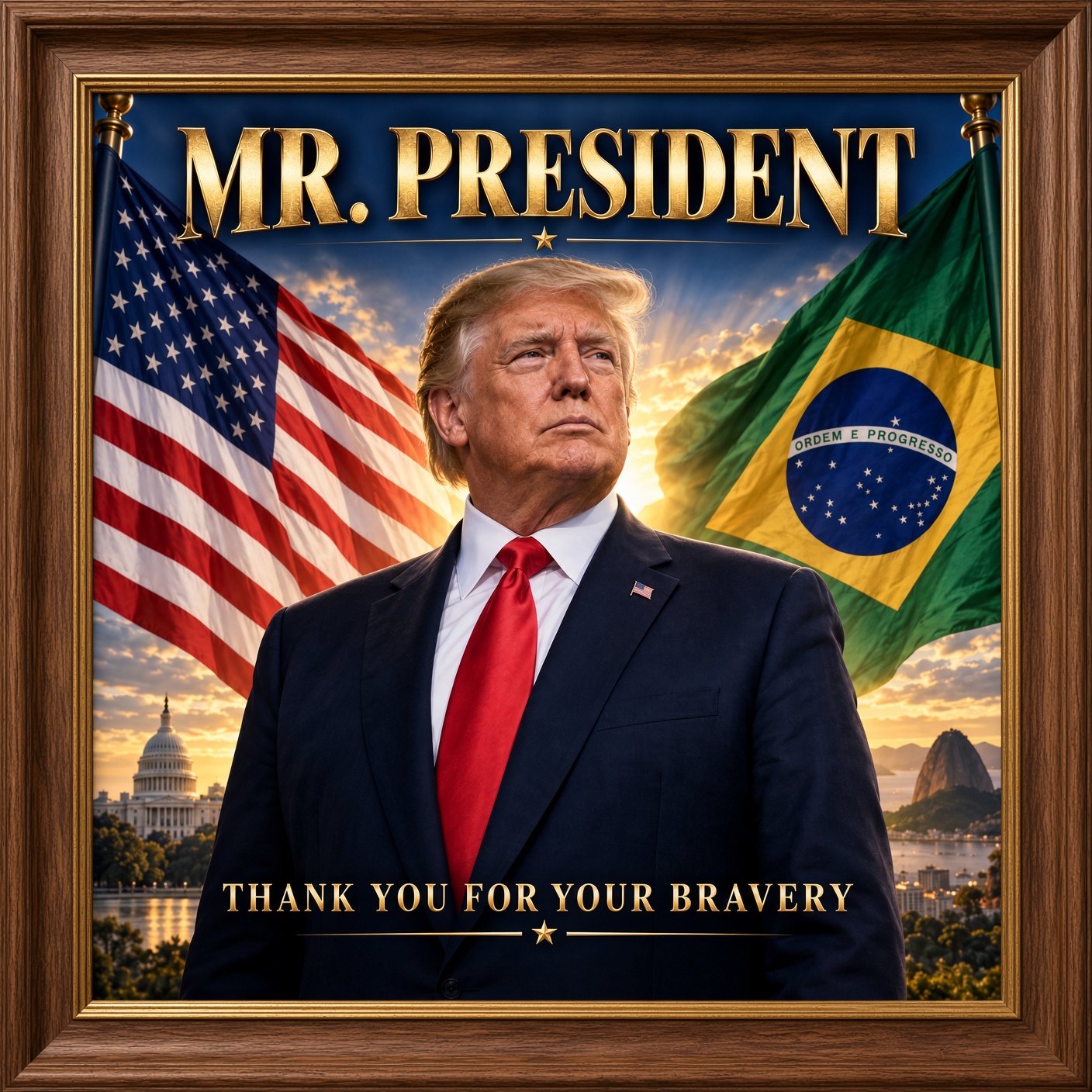 Framed portrait of Donald Trump between United States and Brazil flags with Mr. President lettering